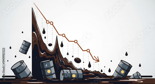 Oil Price Decline - Barrels Spill Amidst Falling Graph.