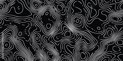 Abstract black landscape linework, smooth white altitude curves forming irregular terrain rings across the surface.