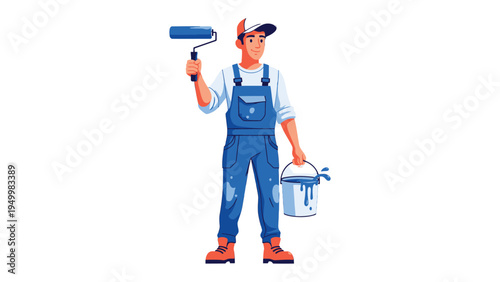 A Skilled Painter at Work: A painter, wearing overalls and holding a paint roller and bucket, ready to transform the space with a fresh coat.