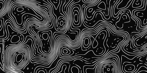 Monochrome relief map pattern, delicate white elevation lines drifting across a solid black backdrop, modern vector artwork.