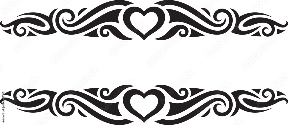 Fototapeta premium Two identical black tribal pattern bands with a central heart symbol on a clean white backdrop