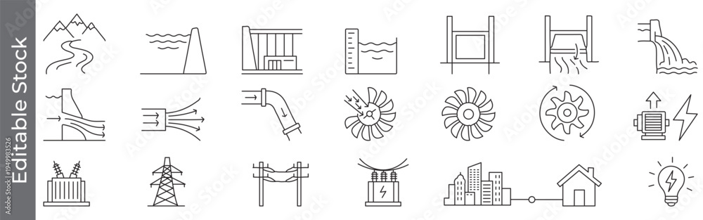 Fototapeta premium Hydroelectric power and energy generation icon set – editable outline symbols of dam, water, river, flow, turbine, generator, transmission, renewable energy and electricity