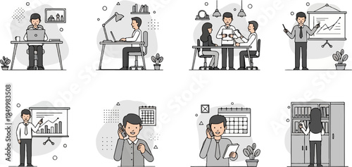Business scene illustrations featuring people working and collaborating in an office