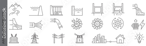 Hydroelectric power and energy generation icon set – editable outline symbols of dam, water, river, flow, turbine, generator, transmission, renewable energy and electricity