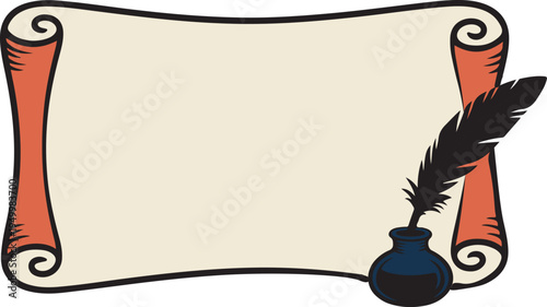 An old blank parchment scroll unfurled with a classic black feather quill and an inkwell