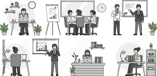 Office scenes individuals working, meetings, presentations, and desk setups