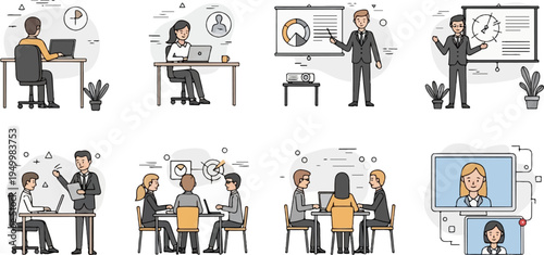 Businesspeople in meetings, presentations, and remote collaboration