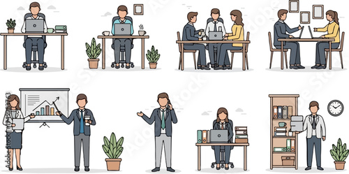 Colleagues collaborate and work at desks in various office scenarios