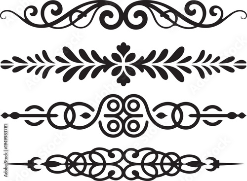 Four elegant black ornamental dividers featuring classic scrollwork and leaf patterns for text separation