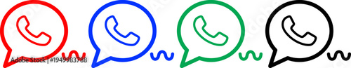 Phone call icons in speech bubbles, red, blue, green, black, communication symbol.
