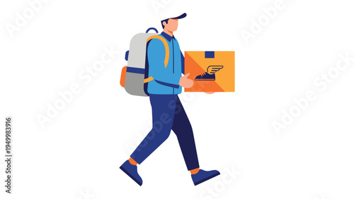 Swift Delivery: A focused delivery courier strides purposefully, his backpack and package a testament to dependable service and efficiency.