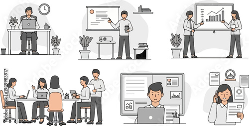 Colleagues collaborate, present data, and discuss work in various office settings