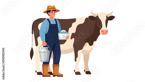 Farmer and Cow: A farmer standing proudly next to a cow, holding milk containers, it reflects the rural life and the essence of farming.