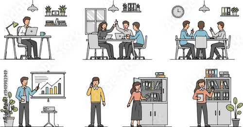 Colleagues collaborating in office settings, presenting data and discussing work
