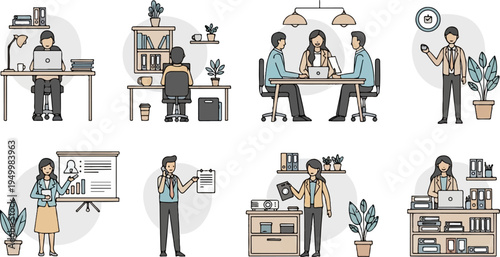 Colleagues collaborating, presenting, and working at desks in office settings