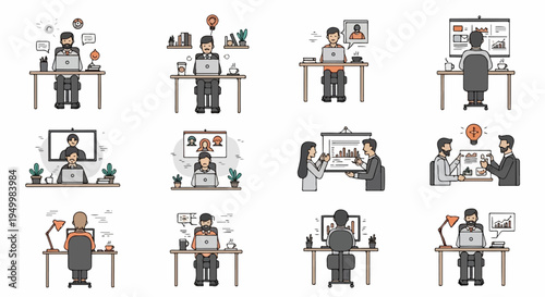 Diverse business individuals engaged in various tasks at desks