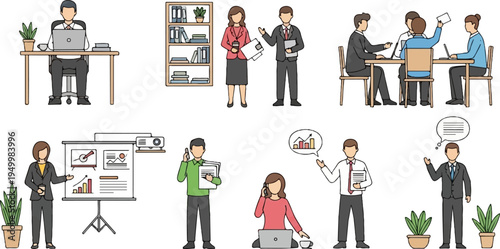 Diverse business people engaged in various office activities and meetings