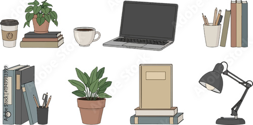 Desktop still life with plant, coffee, books, laptop, and desk lamp