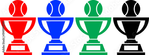 Red blue green black trophy cup with ball icons on transparent background