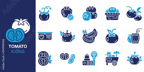Tomato icon set. Containing healthy, nutrition, vitamin, antioxidant, lycopene and more. Solid vector icons collection. Vector illustration.