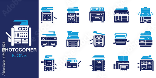 Photocopier icon set. Containing paper, office, machine, device, printer, duplicating and more. Solid vector icons collection. Vector illustration.