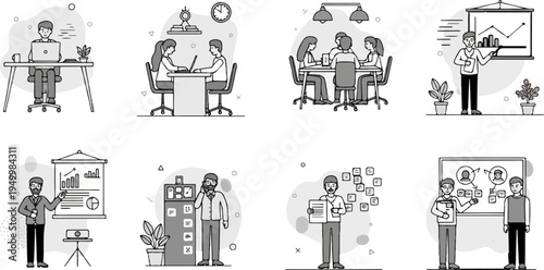 Diverse business scenes individuals working, meetings, presentations, and collaboration