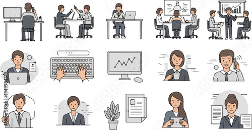 Diverse group of office professionals engaged in various work-related activities