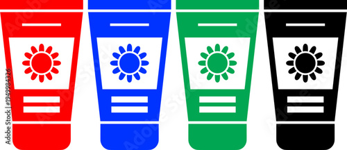 Set of four cosmetic tubes with sun symbol in red blue green and black isolated