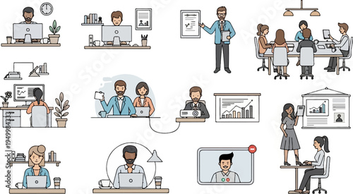 Diverse professionals collaborating and working digitally in various office settings