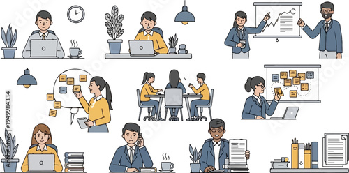 Diverse professionals collaborate and work in modern office settings