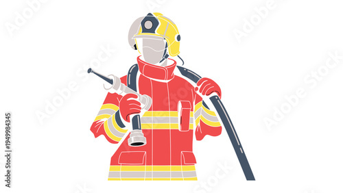 Heroic Firefighter: A brave firefighter stands ready to combat the inferno, gripping a fire hose with determined resolve, his helmet gleaming with courage and dedication.