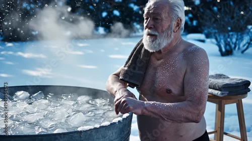 Senior man takes ice bath outdoors in winter snow conditions. Elderly person practices cold plunge therapy in barrel. Man enjoys ice bath during winter. Senior cold therapy in snow outdoors.