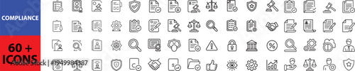 Compliance web icons in line style. Regulations, policy, legal document, quality control, responsibility, law. Editable stroke. Outline icon in linear style