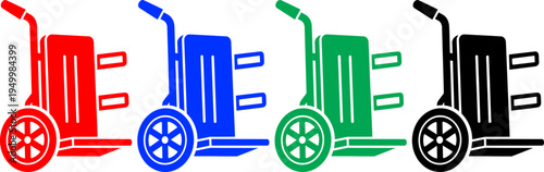 Set of four hand truck trolley icons in red, blue, green and black, on transparent background