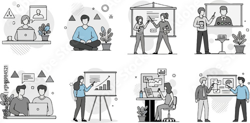 Diverse business scenarios featuring people in various work-related interactions