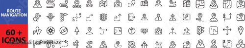 Route web icons in line style. Navigation, location, route map, traffic, pin, collection. Editable stroke. Outline icon in linear style