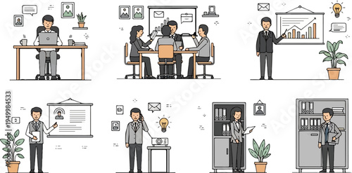 Diverse business professionals engage in various workplace activities, illustrating collaboration and individual tasks