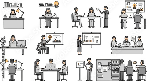 Diverse business scenarios people working at desks, presenting, and collaborating