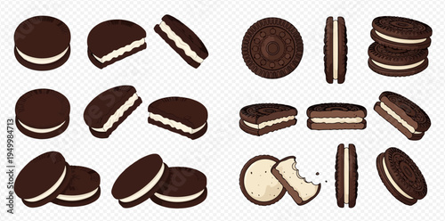 Set of chocolate sandwich cookies with cream filling in various angles and arrangements.