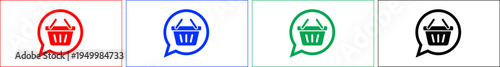 Shopping cart icons inside speech bubbles in red blue green and black for online store communication