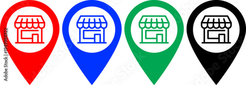 Store location map pin icons in red blue green and black colors on transparent background
