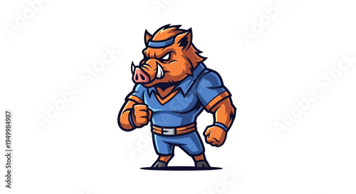 Cartoon boar mascot warrior wearing blue and orange uniform character illustration
