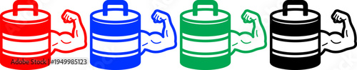 Weightlifting icons with muscular arms in red blue green and black for fitness and strength