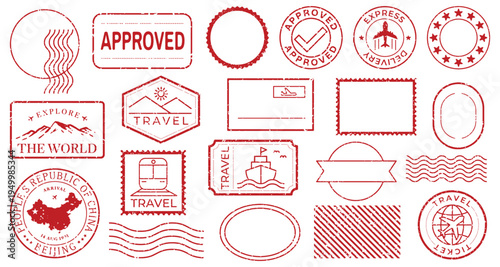 Vintage travel-themed stamp designs illustration vector set.