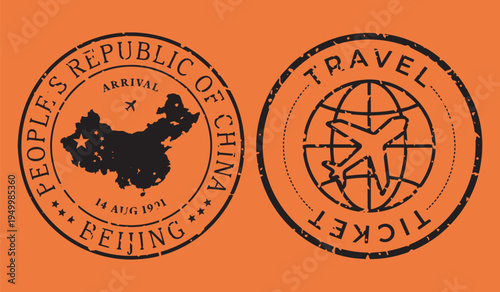 Vintage travel stamps China illustration vector set.