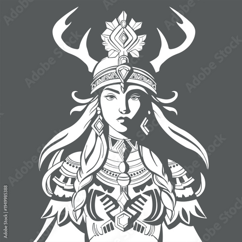 Vector illustration of a Slavic goddess, goddess of the forest with horns and long hair