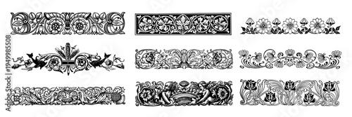 Vintage floral decorative border designs element vector set
