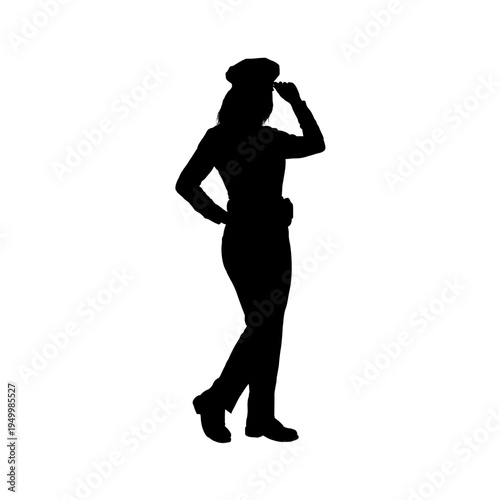 Silhouette of a standing policewoman, front view, isolated - vector illustration