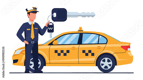 Taxi Service Icon: A uniformed driver with a set of keys stands beside a sleek yellow taxi, signaling the start of a journey or service. A perfect blend of convenience and mobility.