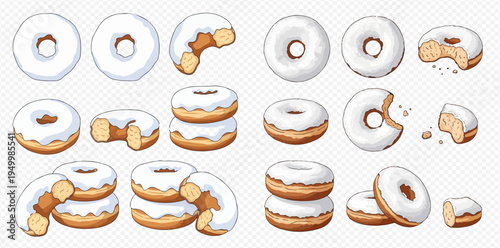 Set of delicious white glazed donuts, whole and bitten, with sugar icing on a transparent background.